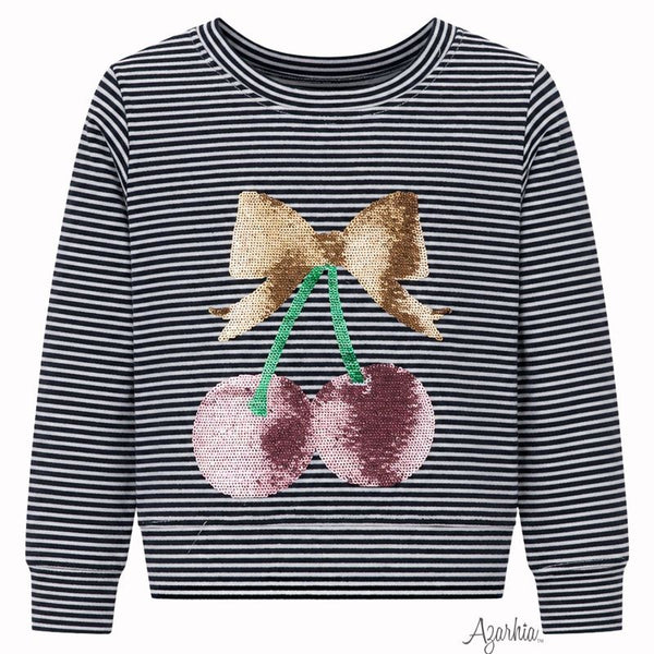 Sequin Cherry Bow Navy Striped Crew