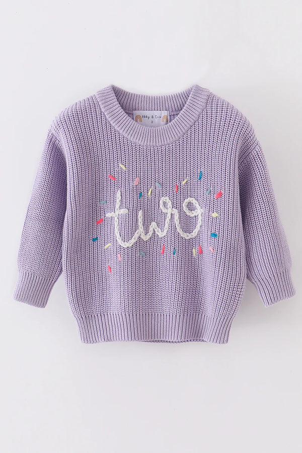 Lavender hand-embroidery two pullover sweater