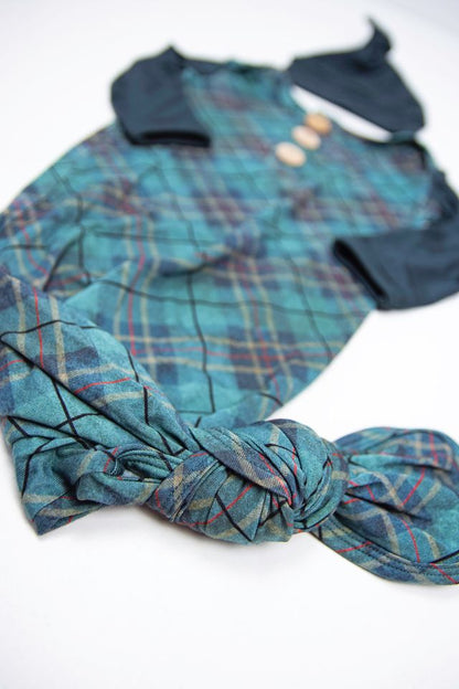 Preston Plaid Teal Knot Gown & Hat