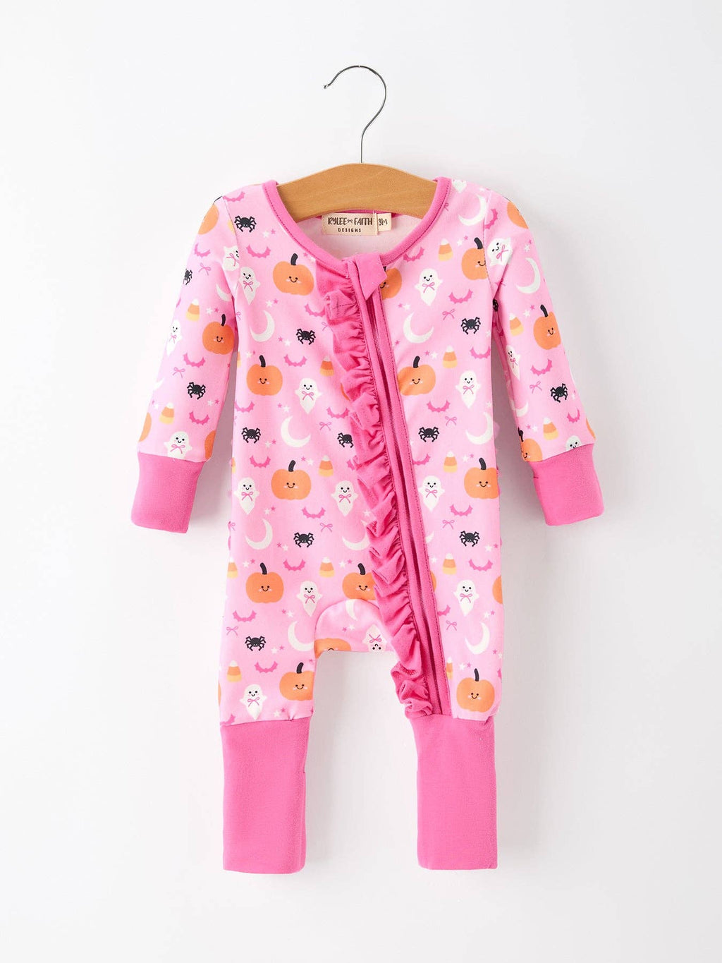 Halloween Pumpkin Ghost Print Baby Girl Pajamas Ruffle Zipper Romper