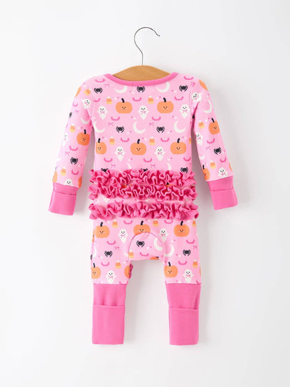 Halloween Pumpkin Ghost Print Baby Girl Pajamas Ruffle Zipper Romper