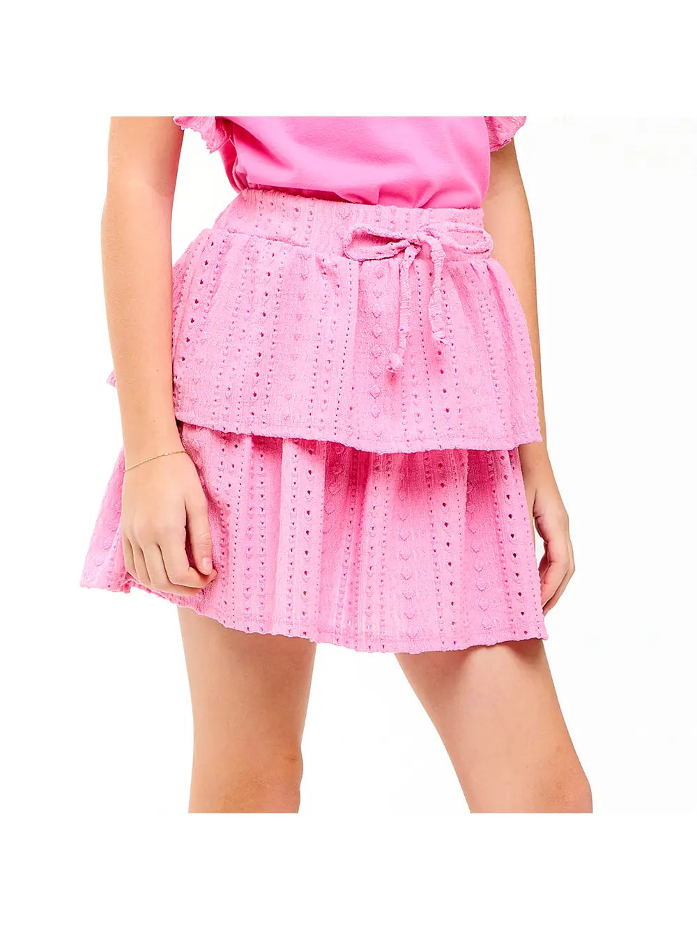 Embroidered Eyelet Tiered Ruffle Skort - Pink