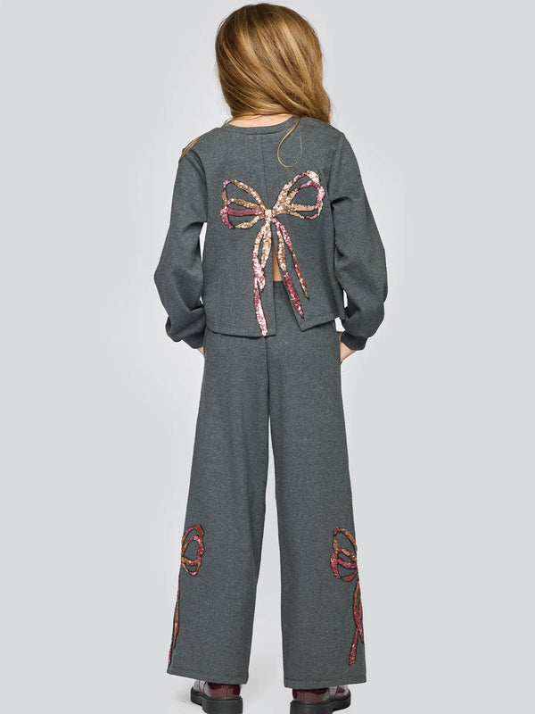 Sequin Bow Sweatshirt w/ Back Slit