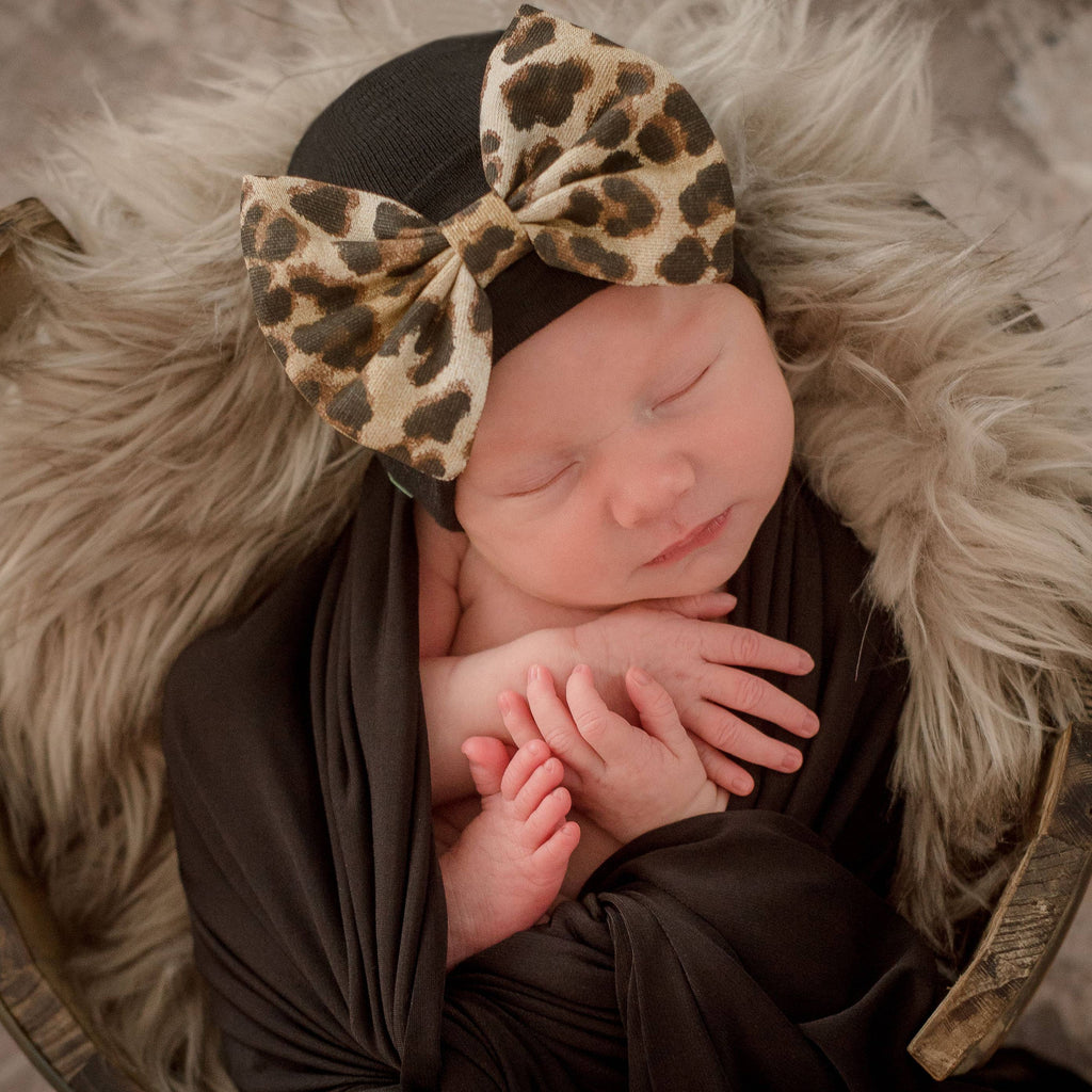 Leopard Bow Baby Newborn Girl Hospital Hat - Black Hat