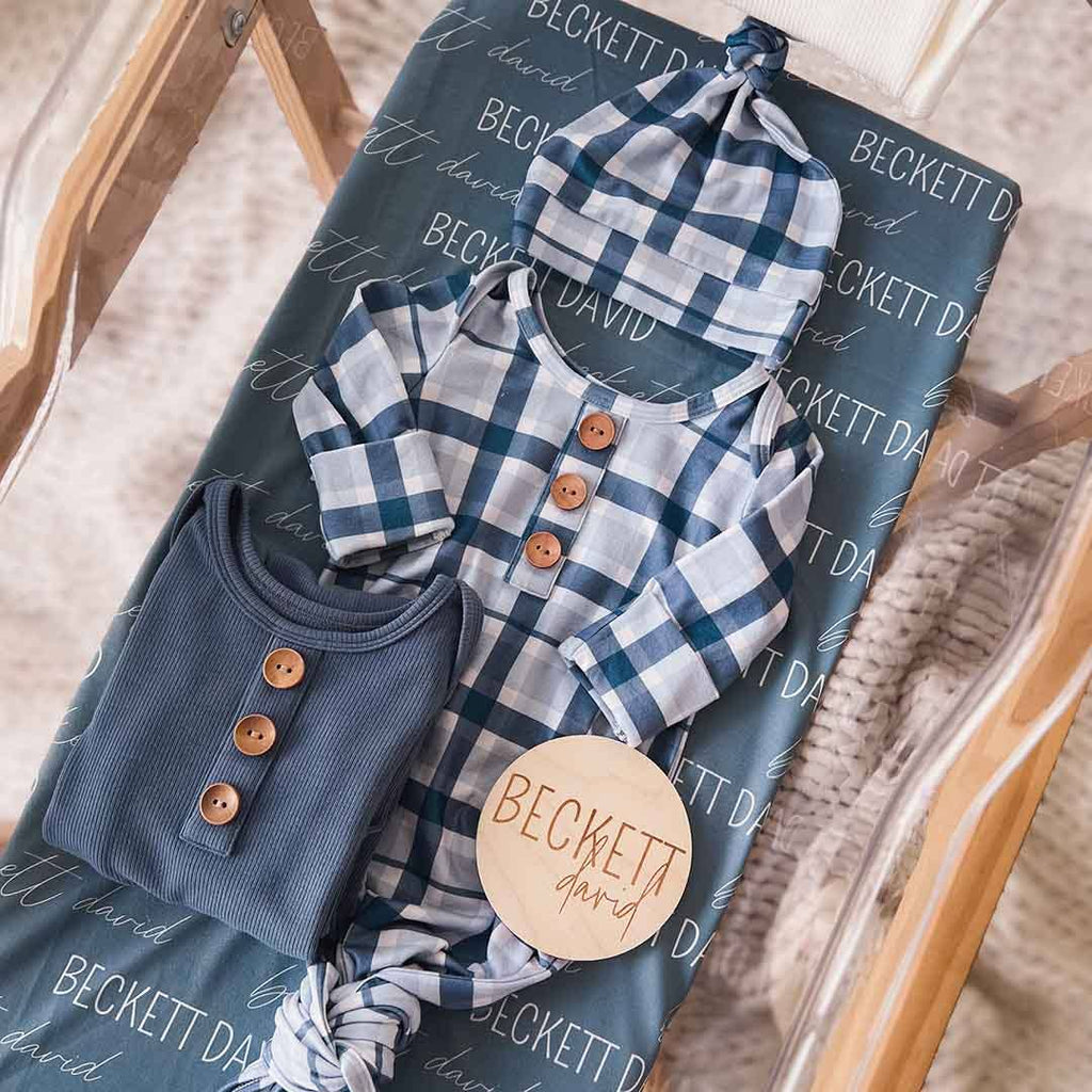 Paxton's Plaid Newborn Baby Knot Gown & Hat Set