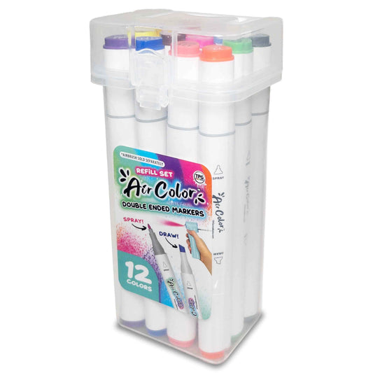Air Color Double-Ended Markers, 12-Pack with Carrying Case, For Drawing, Coloring & Refills