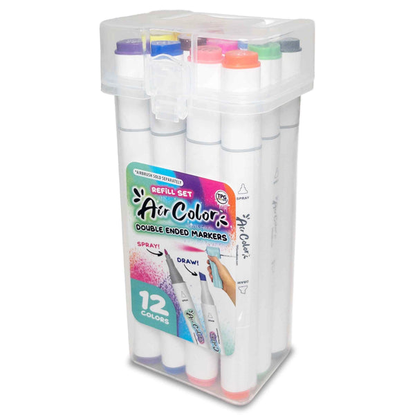 Air Color Double-Ended Markers, 12-Pack with Carrying Case, For Drawing, Coloring & Refills