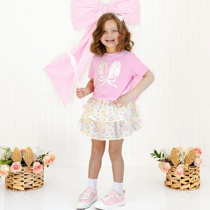 Lace Bunny Bow Patch Easter Short Sleeve T-Shirt - Pink