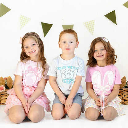 Lace Bunny Bow Patch Easter Short Sleeve T-Shirt - Pink