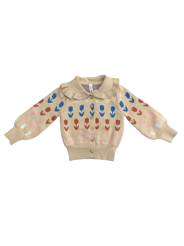 Babysprouts Girl's Floral Knit Cardigan Beige Tulip Intarsia