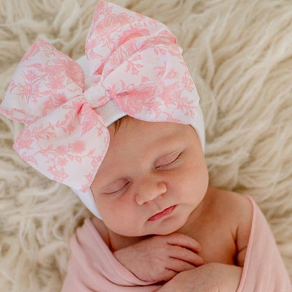 Ilybean Pink Toile Floral Bow white Hospital Hat: Pink Floral