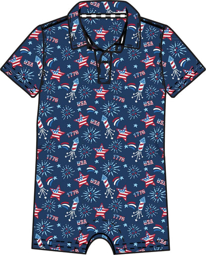 Baby Boys Red White & Boom Fireworks Performance Polo Romper