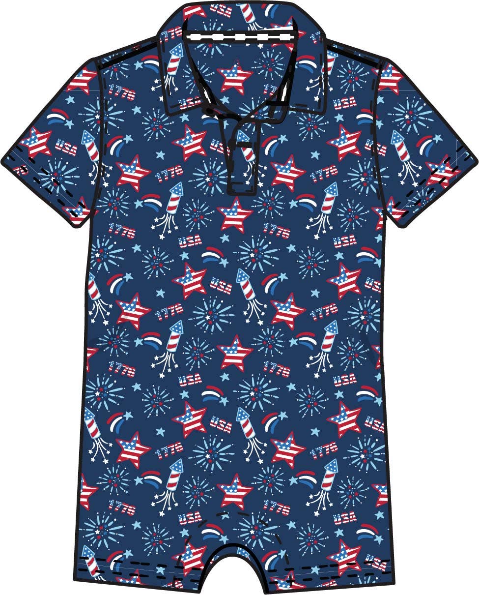 Baby Boys Red White & Boom Fireworks Performance Polo Romper