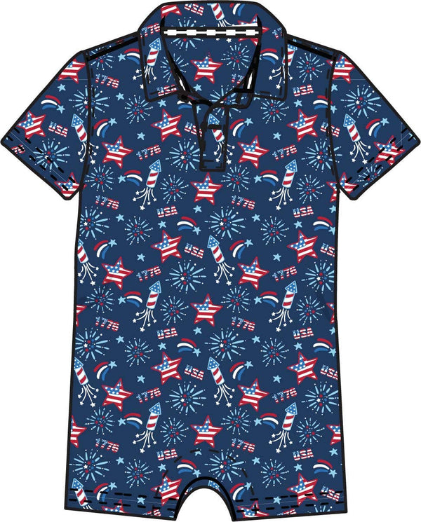 Baby Boys Red White & Boom Fireworks Performance Polo Romper