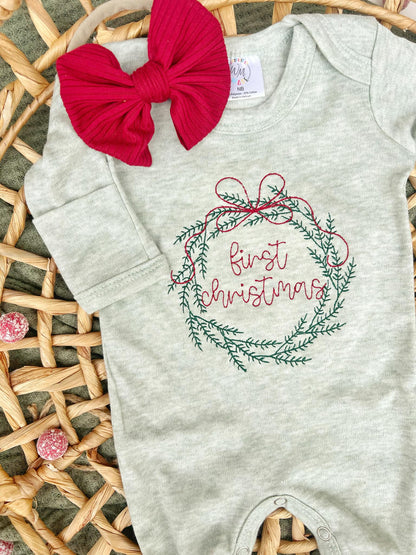 First Christmas Wreath Romper with 1 BOW