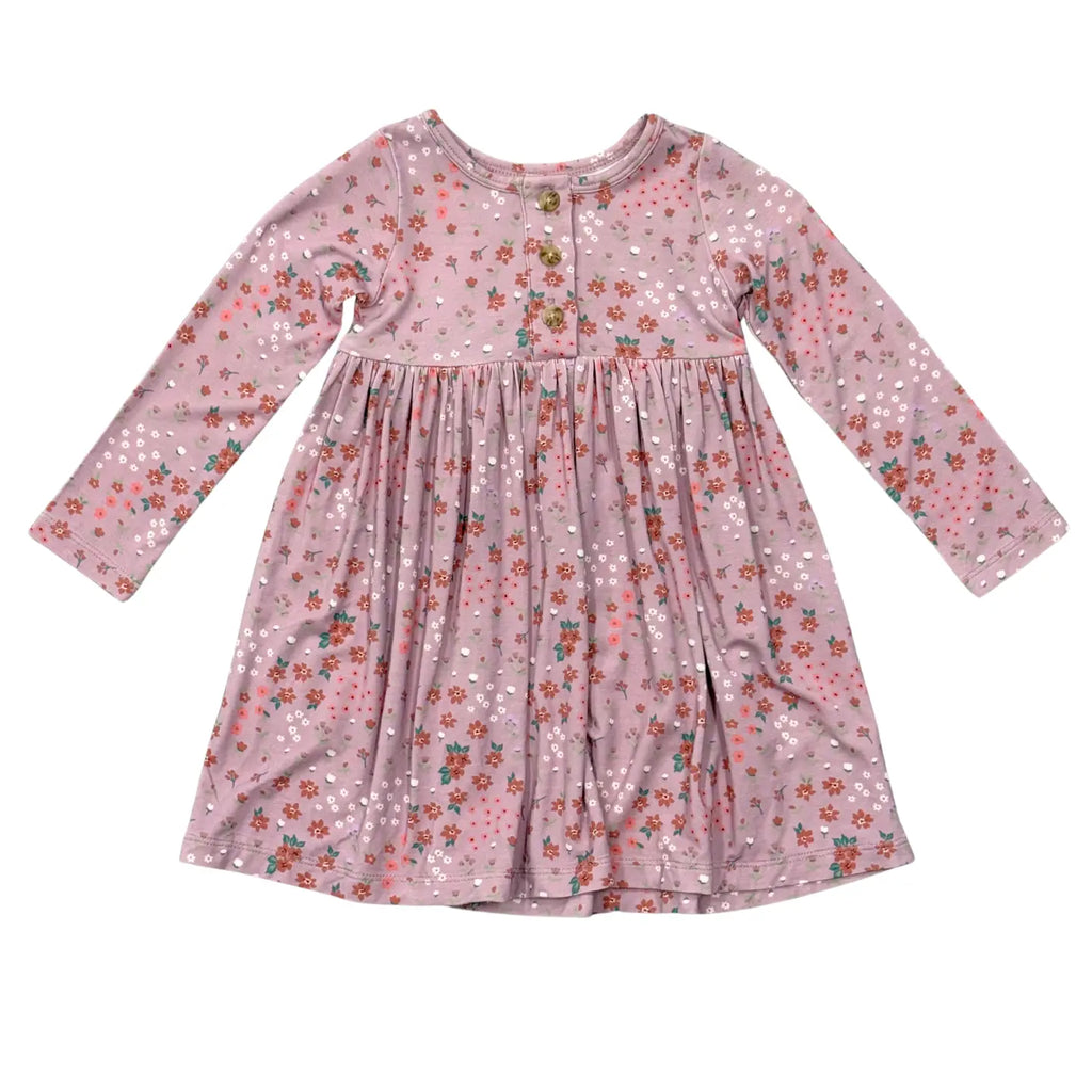 GIRLS LONG SLEEVE HENLEY DRESS - Mini Lilac Cluster