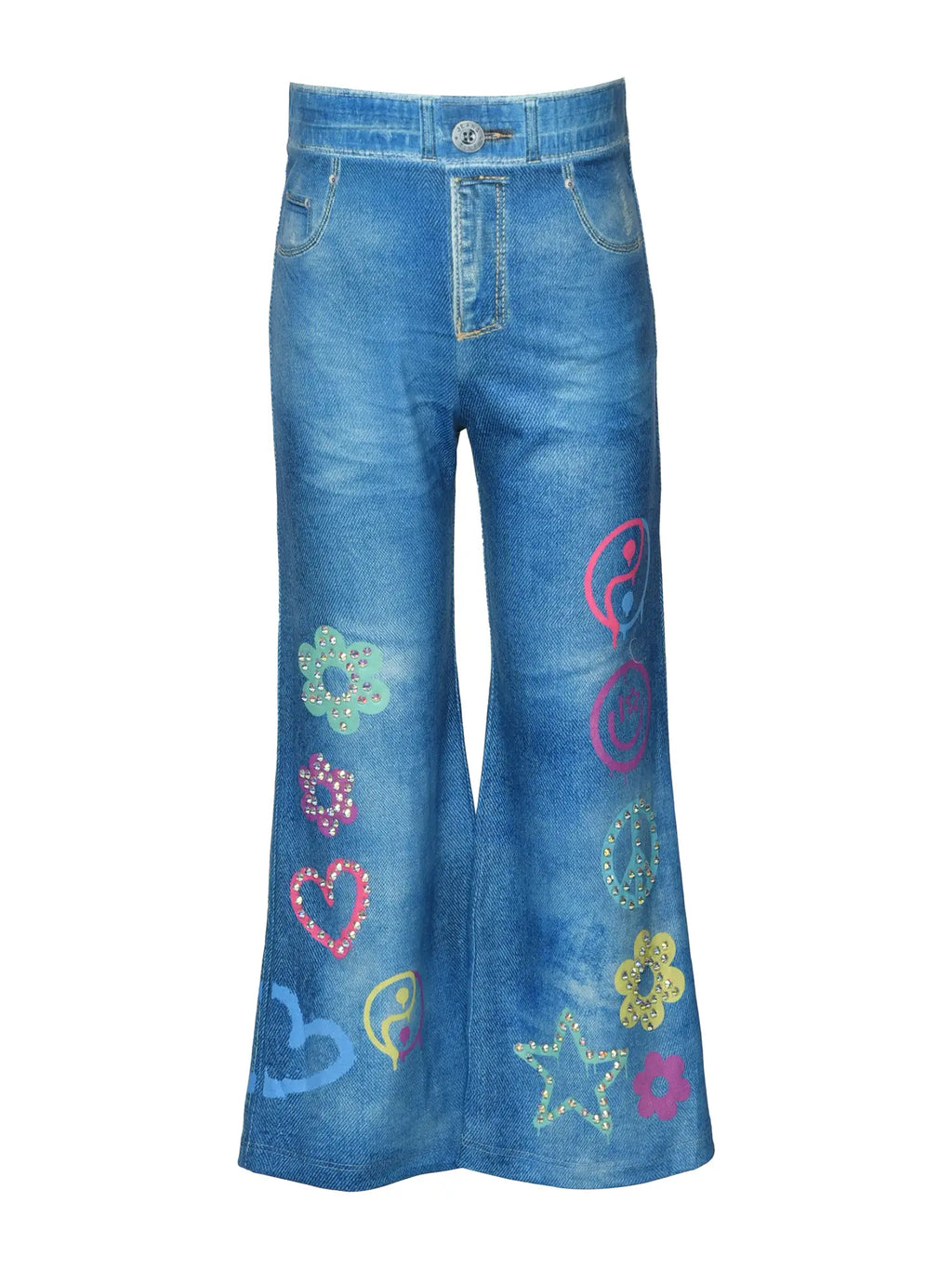 Denim Print Bell Bottom Pants w/ Icon Details