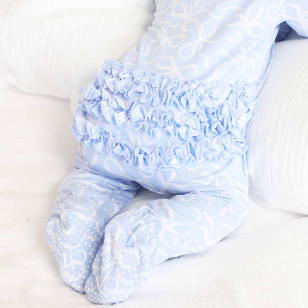 Blue-tiful Bows Ruffle Zipper Footie