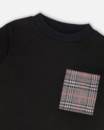 Super Soft Brushed Jersey Long Sleeve Top Black With Plaid Pocket