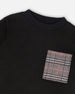 Super Soft Brushed Jersey Long Sleeve Top Black With Plaid Pocket