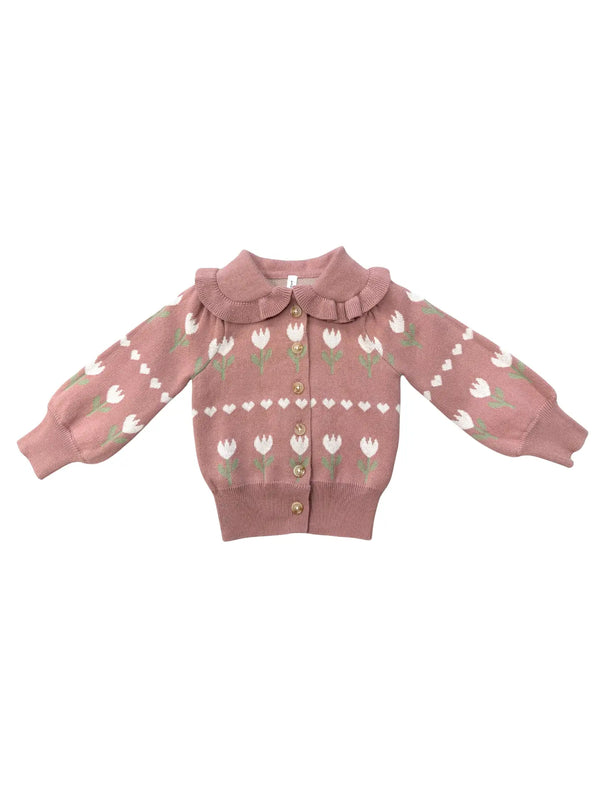 GIRLS FLORAL KNIT CARDIGAN - Tulip Heart Intarsia