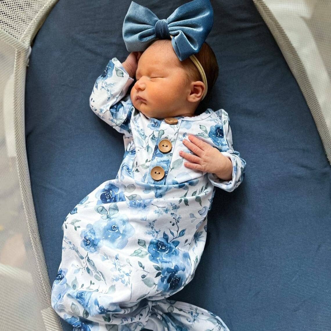 Bailey's Blue Floral Newborn Baby Knot Gown & Hat Set