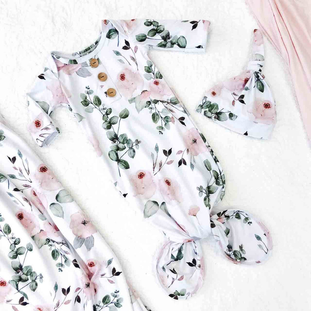 Millie's Dusty Rose Garden Newborn Baby Knot Gown & Hat Set