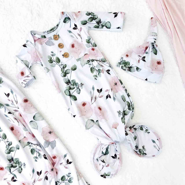 Millie's Dusty Rose Garden Newborn Baby Knot Gown & Hat Set