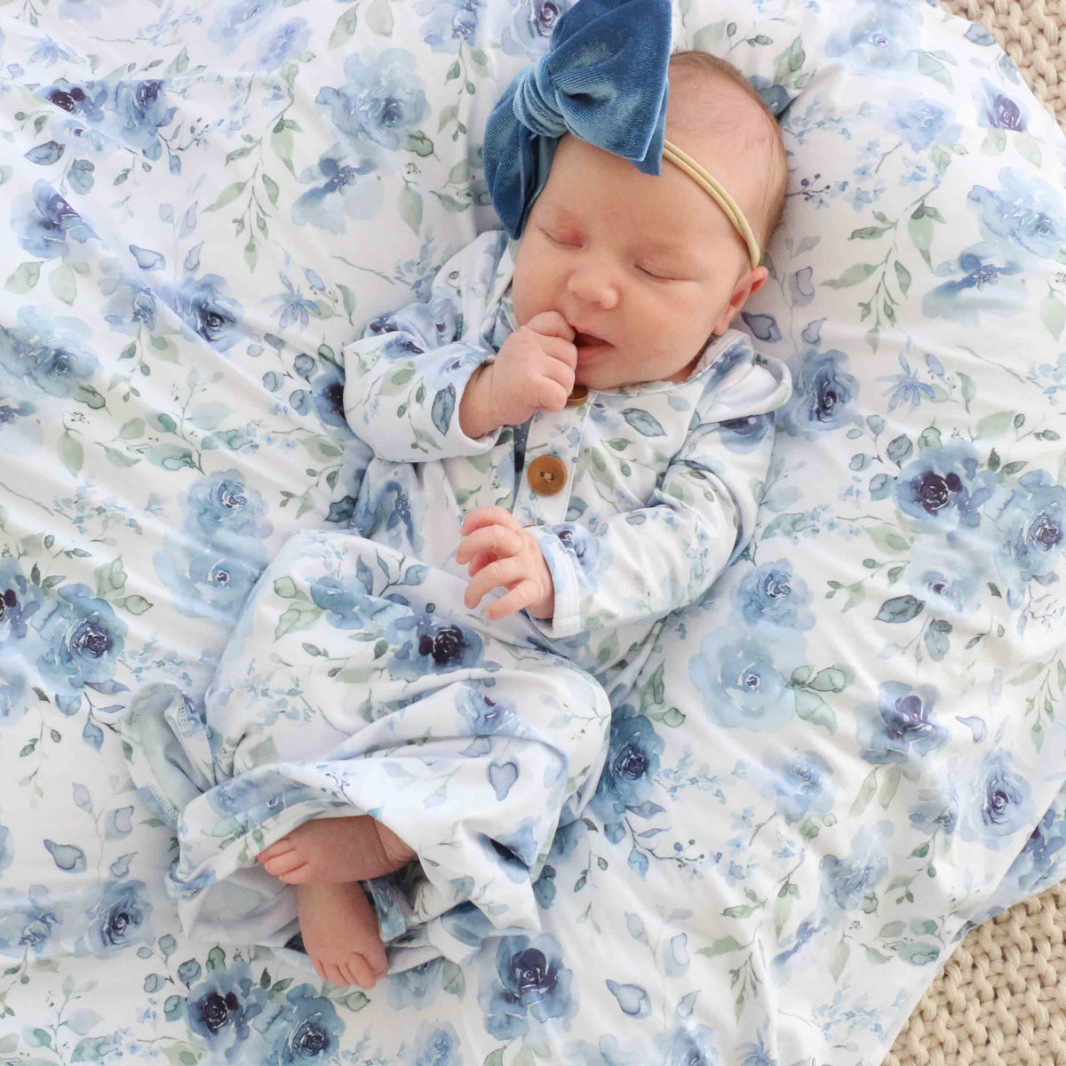 Bailey's Blue Floral Newborn Baby Knot Gown & Hat Set
