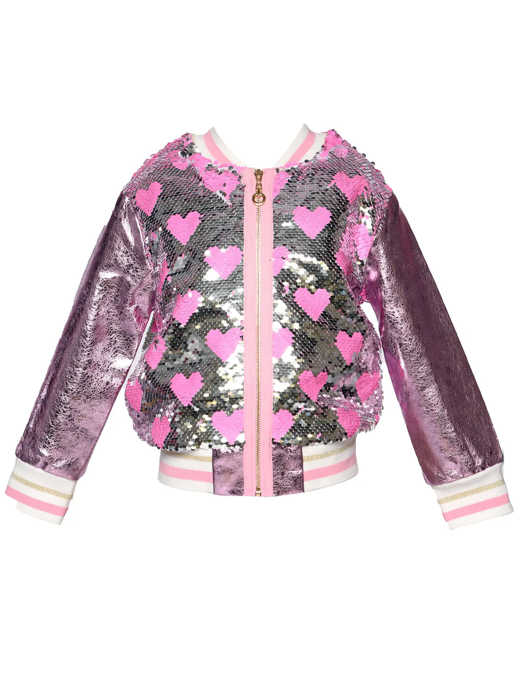 Heart Sequin Bomber Jacket w/ Metallic Faux Leather Contrast