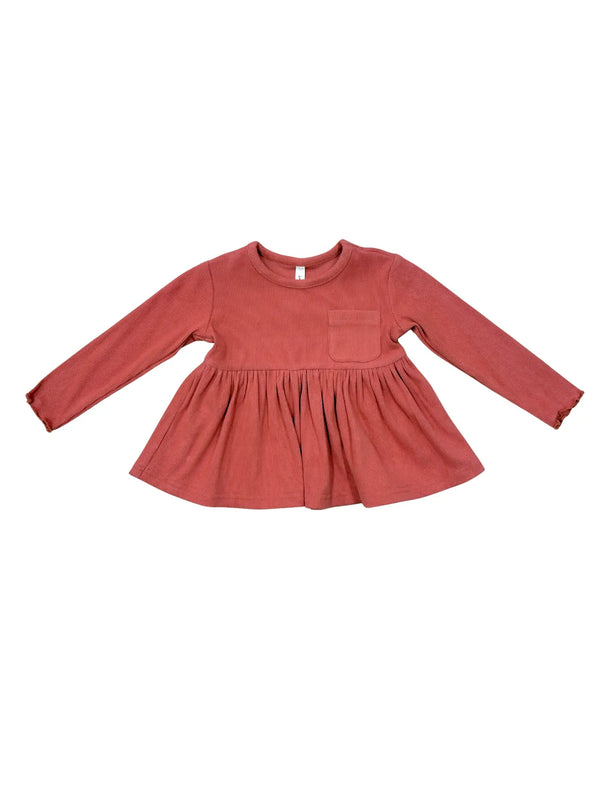 GIRLS RIBBED PEPLUM SHIRT - DUSTY CEDAR