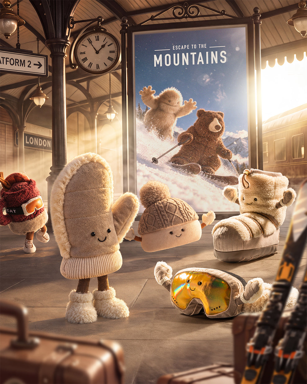 Jellycat plush mitten, beanie, snow boot, ski goggles and cocoa mug on a train station platform