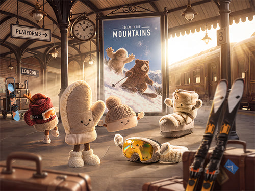 Jellycat plush friends ready for a mountain getaway at a train station