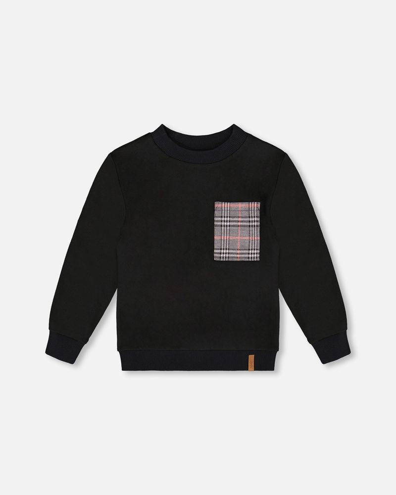 Super Soft Brushed Jersey Long Sleeve Top Black With Plaid Pocket