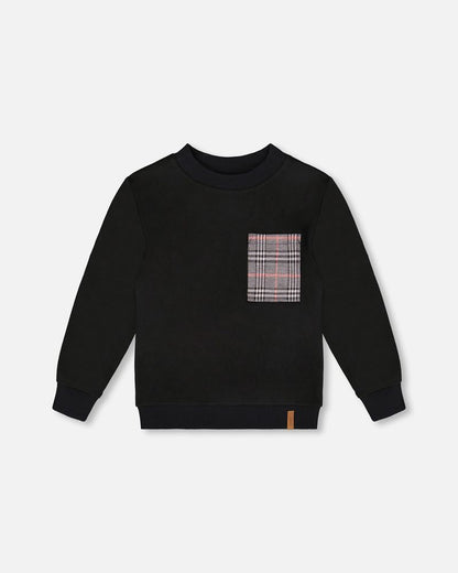 Super Soft Brushed Jersey Long Sleeve Top Black With Plaid Pocket