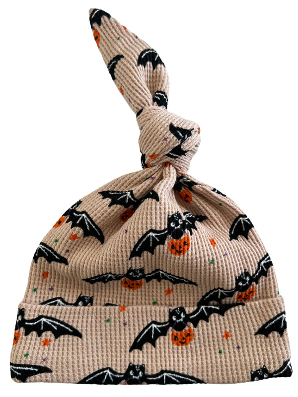 Organic Waffle Knot Beanie, Tan Trick or Treating Bat