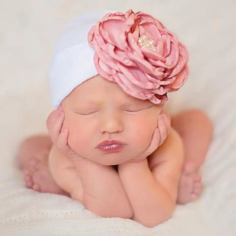 White Hat with Layered Pink Silk Flower with Pearl