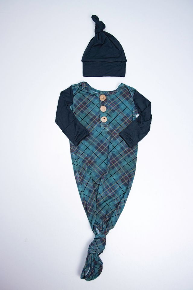 Preston Plaid Teal Knot Gown & Hat