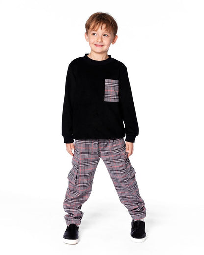 Super Soft Brushed Jersey Long Sleeve Top Black With Plaid Pocket