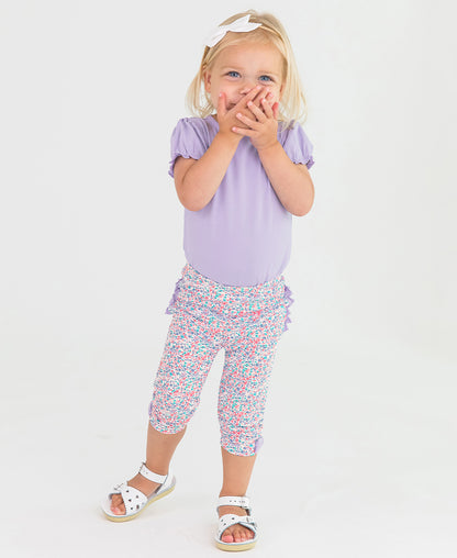 Baby Ruched Bow Ruffled Capri Leggings - candy confetti