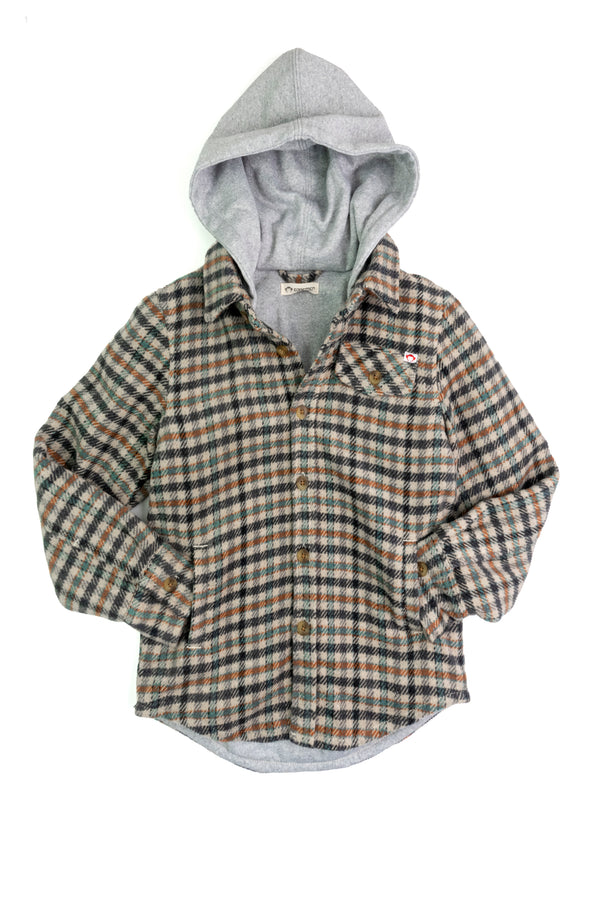 GLEN HOODED SHIRT - BEIGE/TEAL CHECK