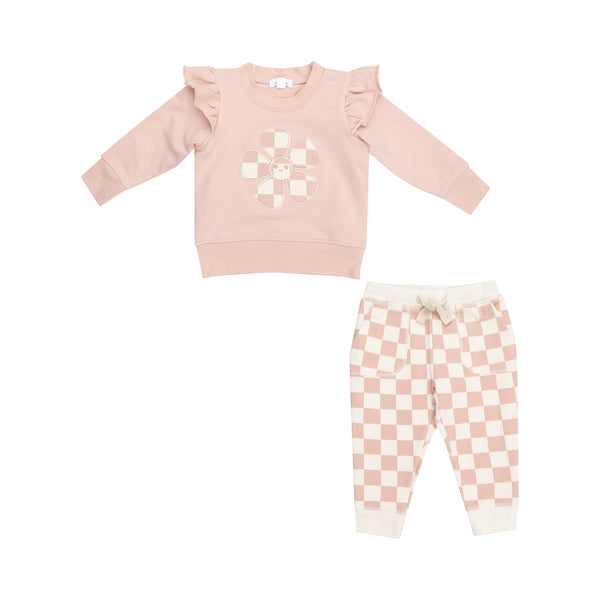 French Terry Checkerboard Pink - Ruffle Patch Sweatshirt + Jogger