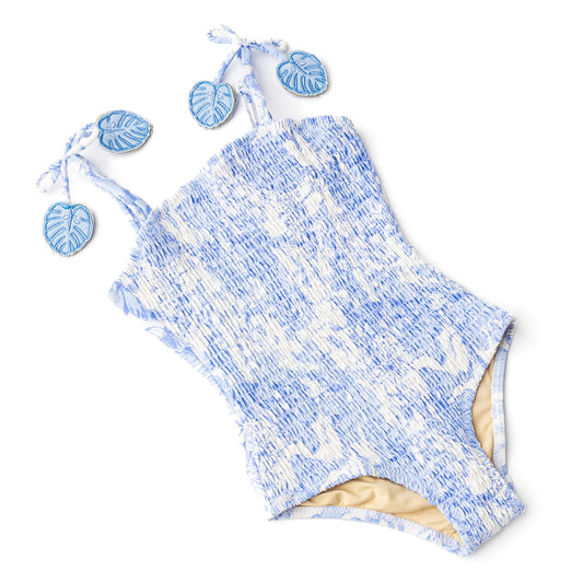 Tropical Blues Girls Smocked One Piece Swimsuit