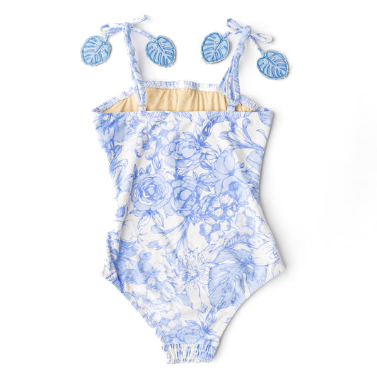 Tropical Blues Girls Smocked One Piece Swimsuit