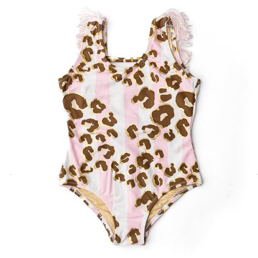 Metallic Leopard Girls Fringe Back One Piece Swimsuit