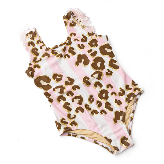 Metallic Leopard Girls Fringe Back One Piece Swimsuit