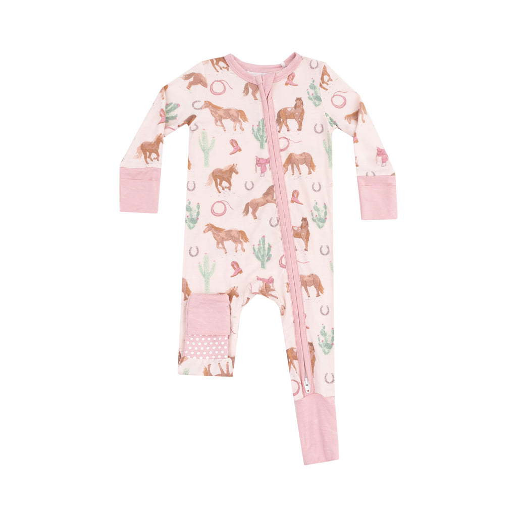 2 Way Zipper Romper - Western Horses Pink - 0-3M