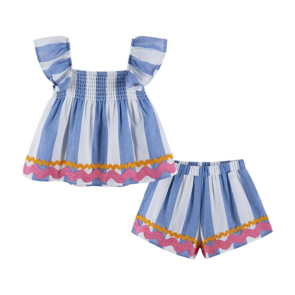 Top & Short Set w/ Ric Rac Trim | Blue & White Striped