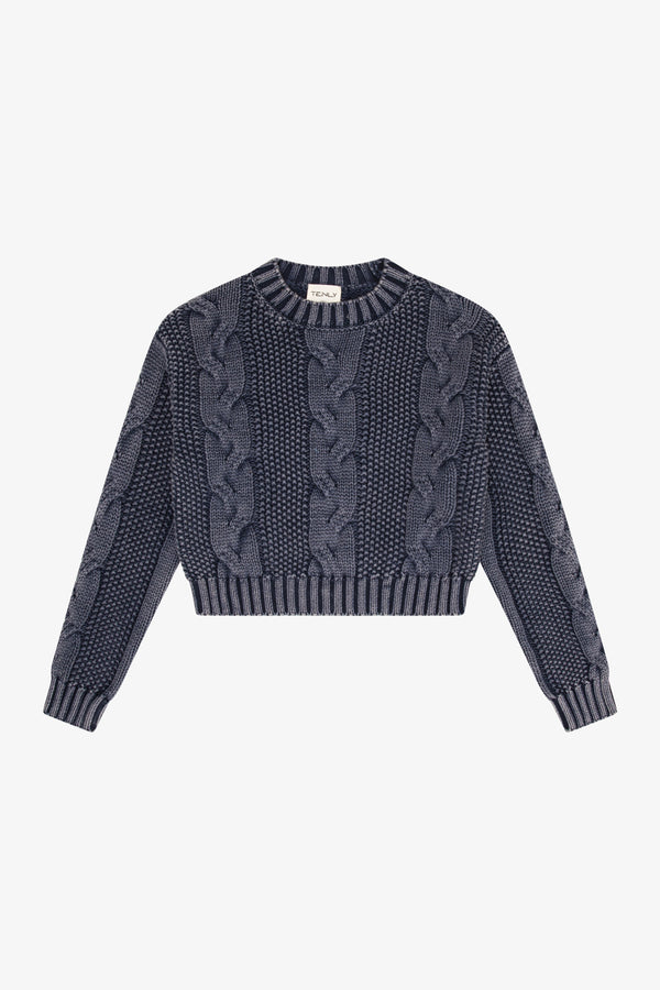 CABLE KNIT SWEATER  - WASHED DENIM