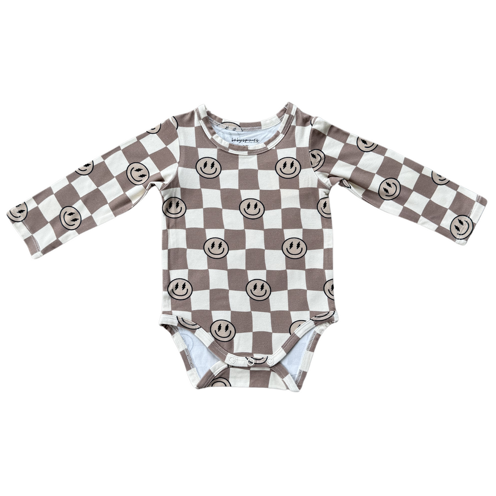 BABY LONG SLEEVE BODYSUIT - SMILEY CHECK IN PORTABELLA